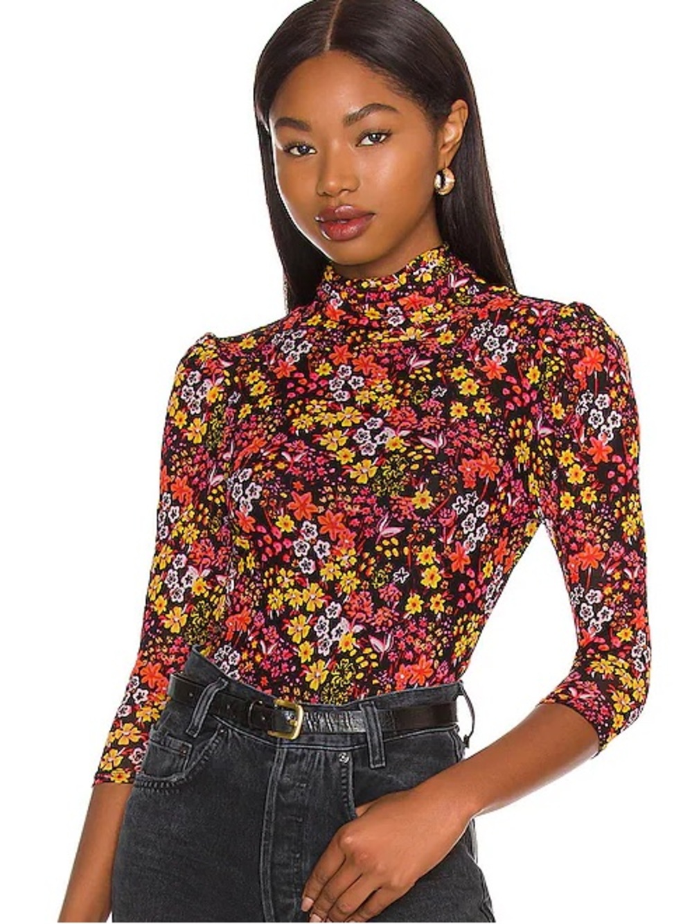 Free People Gather Tee in Twyla Ditsy Floral  Size Large Stretchy Mesh Fabric